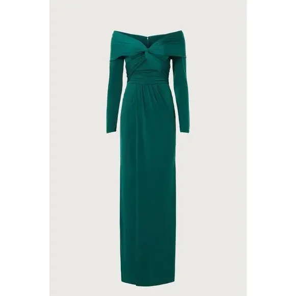 Zac Posen Wrapped Around Hunter Green Off Shoulder Long Sleeve Gown